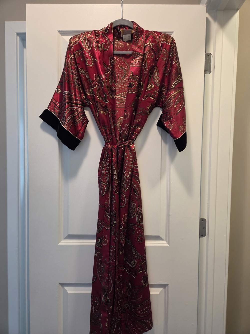 Paisley Satin Kimono Robe in Deep Red with Black Trim